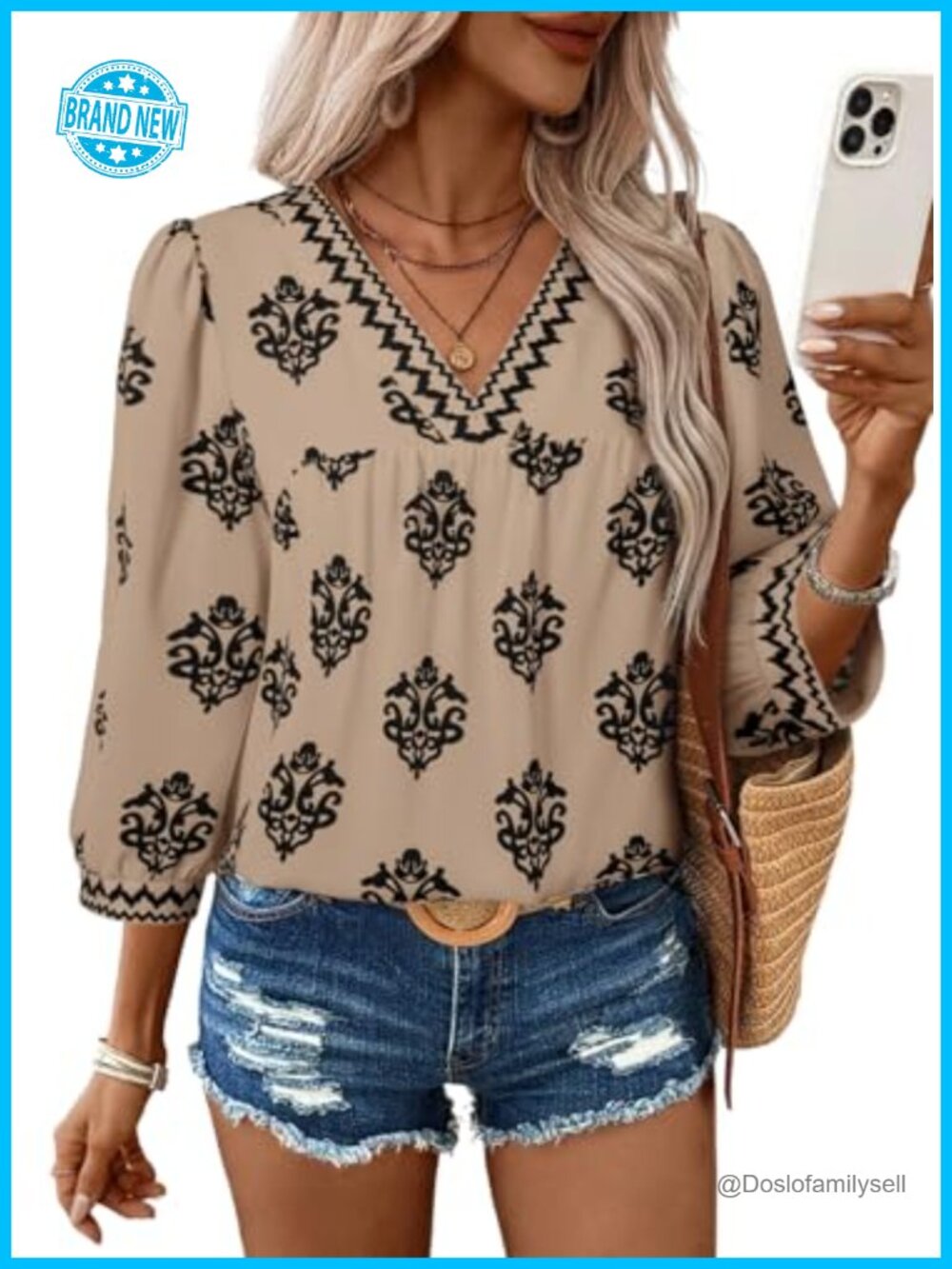 SHEWIN Women's V Neck Floral Chiffon Blouse 3/4 Sleeve Boho Summer Top
